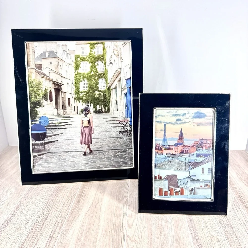 Black Picture Frame Set 2 Modern Tabletop 11.5x9.5 7.5x5.5 Glass Decor‎